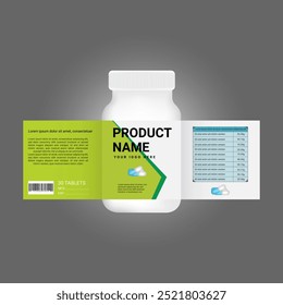 Beauty label, supplement bottle vector, white plastic Pills box, White medical