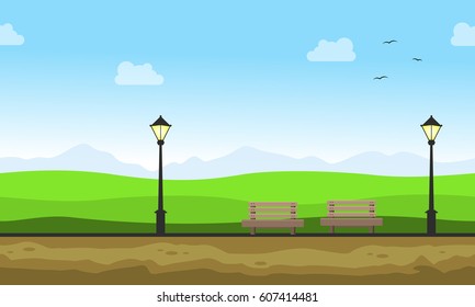 Beauty landscape of garden with chair vector flat game background