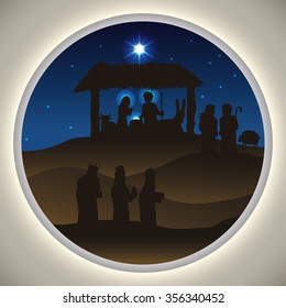 Beauty landscape of the Holy Family with the Three Wise Men and shepherds visiting baby Jesus in starry night.