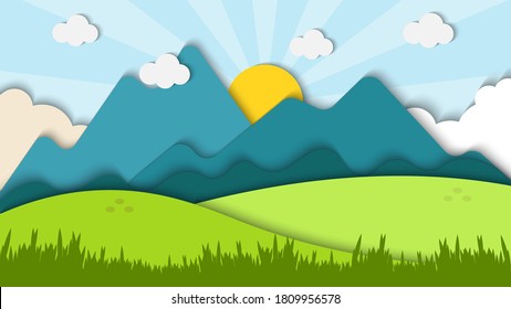 Beauty landscape paper art style with shiny background vector illustration, landscape pattern