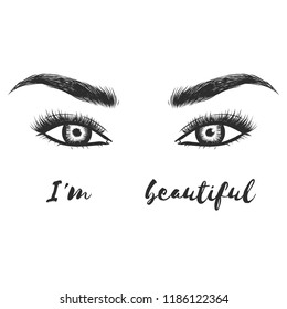 Beauty Lash And Brow Studio Logo. Typography Poster. Eye, Eyebrow And Long Eyelashes. Vector Illustration For Gift Card. Black On White Background. For Beauty Salon, Lash Extensions Maker, Brow Master