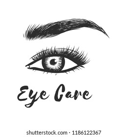Beauty lash and brow studio logo. Typography poster. Eye, eyebrow and long eyelashes. Vector illustration for gift card. Black on white background. For beauty salon, lash extensions maker, brow master