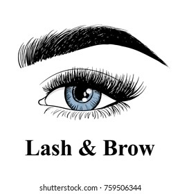 Beauty lash and brow studio logo. Typography poster. Blue Eye, eyebrow and long eyelashes. Vector illustration for gift card. Black on white background.