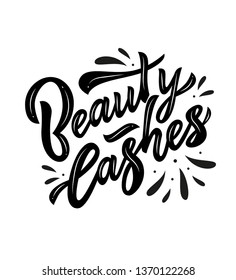 Beauty lashes hand calligraphy lettering. Vector illustration. Black. Template logo of art studio extension, school. Inscription of package product, flyer, banner, brochure, business card,blog