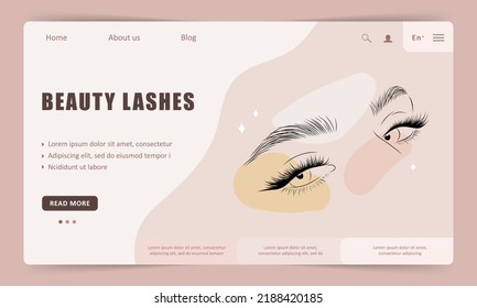 Beauty Lashes Landing Page Template. Linear Female Eyes. Elegant Logo For Beauty Salon. Vector Illustration In Flat Cartoon Style. Website Design.