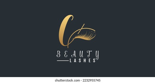 Beauty lashes logo and letter c  gold gradient premium vector