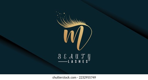 Beauty lashes logo and letter m  gold gradient premium vector