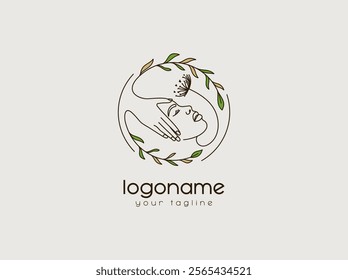 Beauty Leaf Feminine Woman Face logo, beauty care massage logo design template