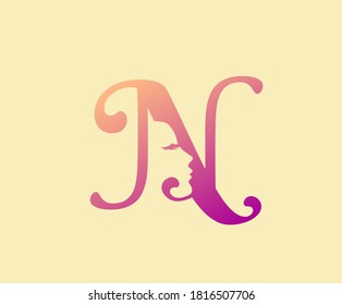 Beauty Letter N Logo Icon. Beautiful woman's face shape on Letter.  Abstract design concept for beauty salon, massage, magazine, cosmetic and spa.  