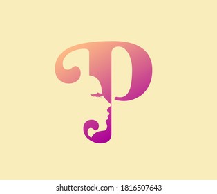 Beauty Letter P Logo Icon. Beautiful woman's face shape on Letter.  Abstract design concept for beauty salon, massage, magazine, cosmetic and spa.  