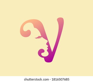 Beauty Letter V Logo Icon. Beautiful woman's face shape on Letter.  Abstract design concept for beauty salon, massage, magazine, cosmetic and spa.  