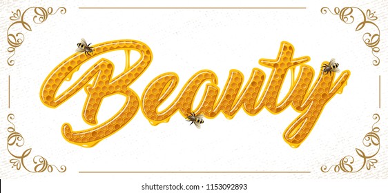 beauty lettering with honeycomb patten. Vector shiny illustration