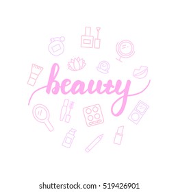 Beauty lettering with icons. Calligraphy font