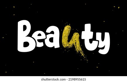Beauty lettering logo. White and Golden Abstract vector template doodle style on a black background