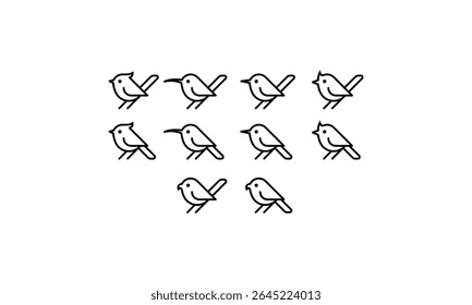 Projeto artístico de linha de beleza de passarinhos. Conjunto de contornos único de pássaro. Colibri, mariquita, cardeal do norte. Design em linha única para logotipo, sinal, símbolo. Vetor animal contorno geométrico. Ilustração de mascote.
