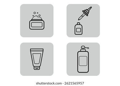 Beauty line collection of four distinct icons, illustrating various cosmetic containers in simplified, minimalistic style ideal for branding
