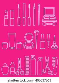 beauty line cosmetics icon set on pink background