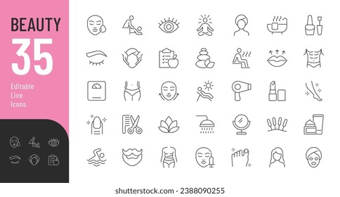 Beauty Line Editable Icons set. Vector illustration in thin line modern style of body care related icons: cosmetic procedures for face and body, diet, cosmetics, and more.