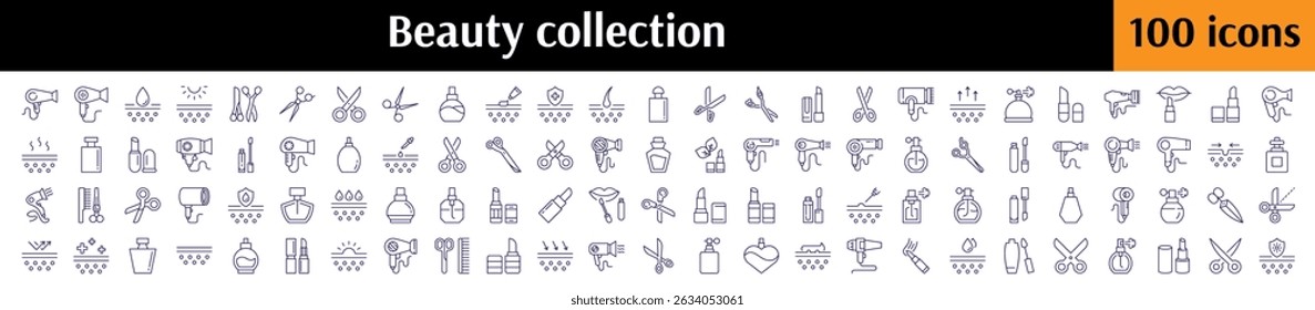 "Beauty Line Icon Bundle" . Cuidados com a pele, tesouras, secador de cabelo, batom, sinais de contorno de perfume para design gráfico e web, aplicativos, anúncios, várias cartas