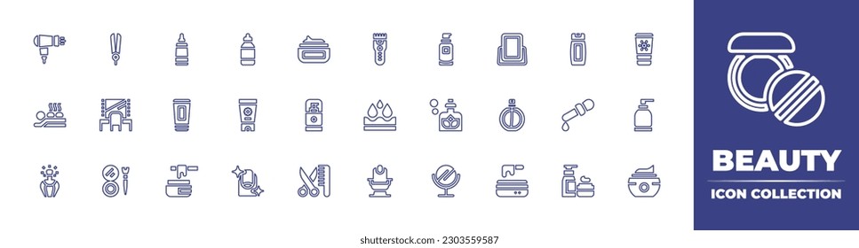 Beauty line icon collection. Editable stroke. Vector illustration. Containing hair dryer, hair iron, cream, serum, shaver, gel, mirror, shampoo, sun cream, hot stones, dressing room, sunscreen.