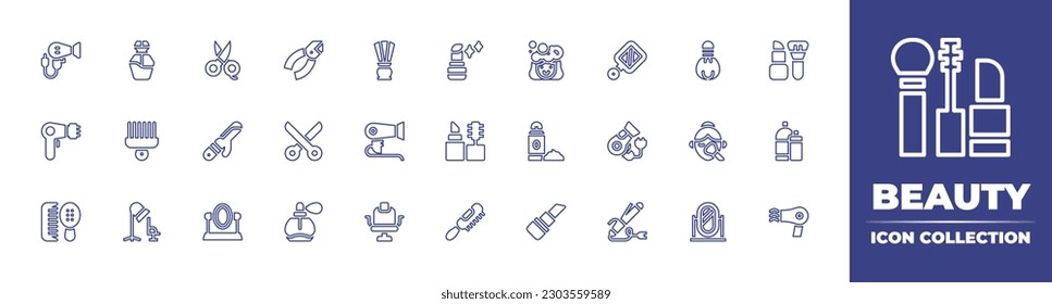 Beauty line icon collection. Editable stroke. Vector illustration. Containing beauty, hairdryer, afro pick, hair curler, scissors, cosmetics, foam, make up, shampoo, comb, barber, mirror, perfume.