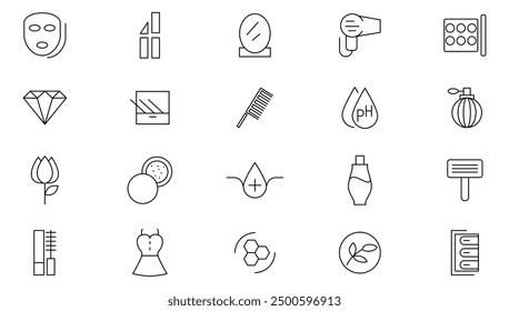 Beauty line icon set. On face, hair cut, eyes mascara, aloe vera, pedicure, eye makeup, body lotion, Skincare, and Spa treatments outline icon collection. UI thin line icon set.