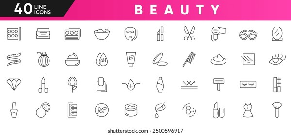 Beauty line icon set. On face, hair cut, eyes mascara, aloe vera, pedicure, eye makeup, body lotion, Skincare, and Spa treatments outline icon collection. UI thin line icon set.