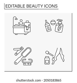 Beauty line icons set. Aloe vera shawer gel, sanitizer, natural cosmetic, manicure tools and legs moisturizing. Spa concept. Isolated vector illustration. Editable stroke