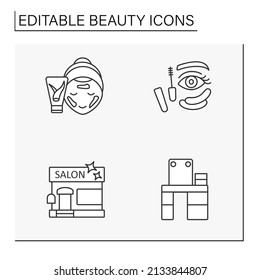 Beauty line icons set. Facial mask, makeup table, mascara and eye patches, beauty salon. Spa concept. Isolated vector illustration. Editable stroke