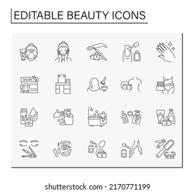 Beauty line icons set. Facial mask, makeup table, mascara and eye patches, beauty salon. Spa concept. Isolated vector illustration. Editable stroke