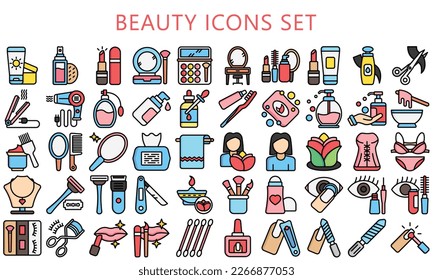 conjunto de iconos de varios colores lineales de belleza. contienen crema, pedicura, tratamiento capilar, cosmética, cepillo y más. Vector EPS 10 listo para convertir a SVG. uso para concepto moderno, kit de interfaz de usuario o UX, web y aplicación.