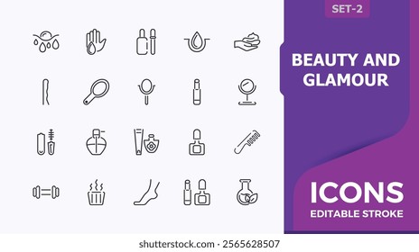 Beauty linear icon collection. Includes thin line perfume, up, body, beauty, spa, glamour, powder, mask. Thin minimalist outline icons pack. Vector illustration in modern line style.