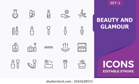 Beauty linear icon collection. Includes thin line perfume, up, body, beauty, spa, glamour, powder, mask. Thin minimalist outline icons pack. Vector illustration in modern line style.