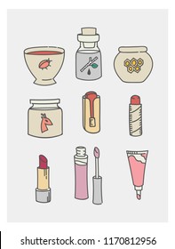 Beauty lipstick sketch stickers set, vector sollection icons for organic lipstick ingredients pigment wax isolated on white