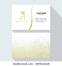 Beauty logo.  Beauty Bar. Vector business cards design template with monogram letter B and gold peony  flowers on white background. Romantic design for natural cosmetics, perfume, women products.