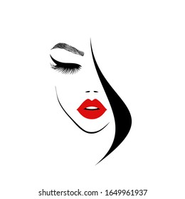 Beauty logo, beautiful woman face, sexy red lips, eyelash extensions, fashion woman, black hairstyle, hair salon sign, icon. Vector illustration.