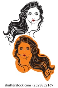 Beauty logo, beautiful woman face, red lips, eyelash extensions, fashion woman, long hairstyle, hair salon sign, icon. Wallpaper background. Vector illustration. girl face black illustration