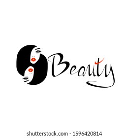 Beauty Logo. Beautiful woman, red lips, black hair style, sign, symbol, icon for studio, spa salon. Vector illustration.