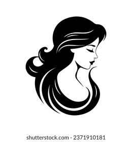 Beauty logo, black silhouette of woman, side view, face and neck only. Female silhouette. International Women's Day. Vector womens silhouette, isolated on white background. Elegant feminine logo.