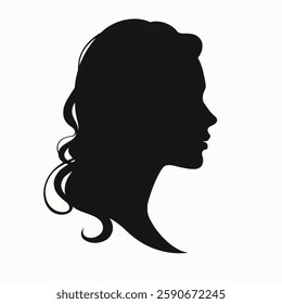 Beauty logo, black silhouette of woman, side view, face and neck only. Female silhouette. International Women's Day. Vector womens silhouette, isolated on white background. Elegant feminine logo.vecto