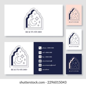 Beauty logo in boho style. Window frame with stars and crescent. Mystic and esoteric. Landing webpage design in bohemian style. Cartoon flat vector illustrations isolated on white background