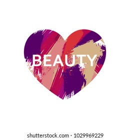 Beauty logo concept design. Brush colorful strokes in heart frame. Makeup Artist or Studio logo design template. Vector logo layout. Abstract vector background.