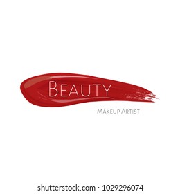 Beauty logo concept design. Red lipstick trace on white background with the inscription. Makeup Studio logo design template. Vector logo layout