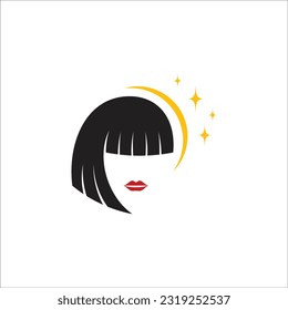 Beauty logo with the concept of a woman's face with bangs hair and a crescent moon and stars decoration