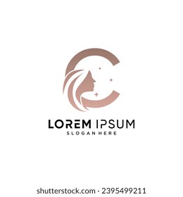 Beauty logo design combined on letter c with woman face icon and creative element