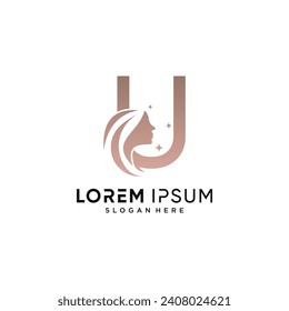 Beauty logo design combined on letter u with woman face icon and creative element