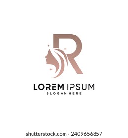 Beauty logo design combined on letter r with woman face icon and creative element