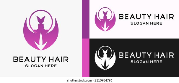 Beauty Logo Design-Vorlage mit zwei weiblichen Gesichtern und Haaren mit kreativem Konzept im Kreis. Schönheitshaar-Logo-Illustration, Haarpflege und Salon, Premium-Vektorgrafik