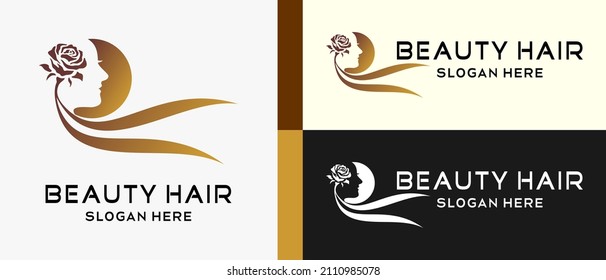 plantilla de diseño de logotipo de belleza con cara de mujer, flor de rosa y cabello con concepto de elemento creativo. ilustración del logotipo del cabello de belleza, cuidado del pelo y salón, vector premium