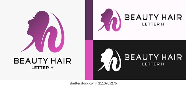 beauty logo design template with a woman's face and hair with a creative element concept in the shape of an h. beauty hair logo illustration, hair care and salon, premium vector